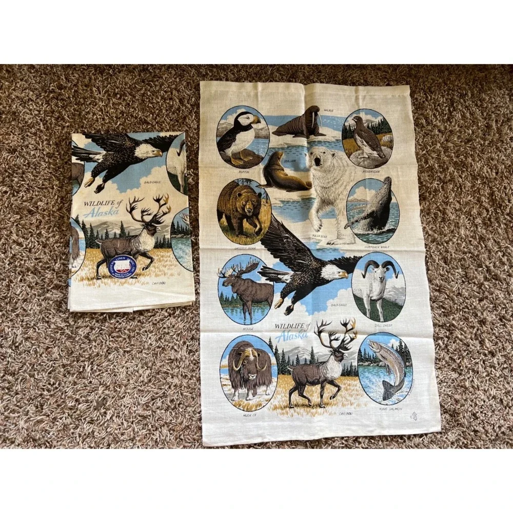 Vintage Stevens Linen Wildlife of Alaska Tea Towel Set 2pc Polar Bear Eagle USA